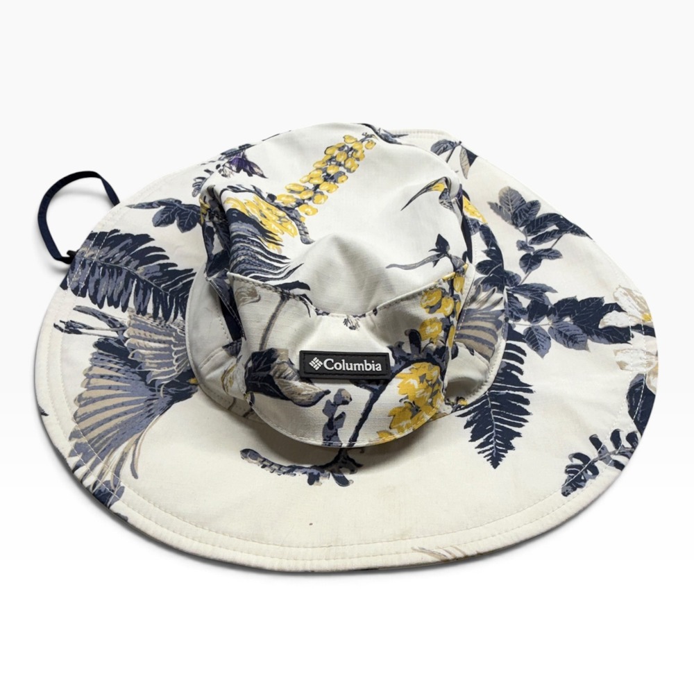 Columbia Bora Bora Booney Sun Hat L/XL White Navy Yellow Floral Bird CU0246